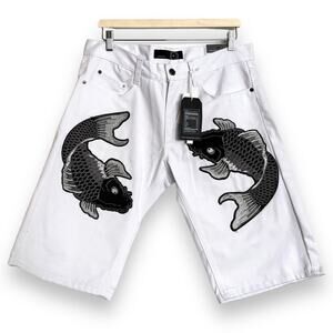 NWT Finest Thread Luxury Goods White Embroidered Koi Fish Slim Shorts Men's 36
